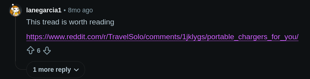 A post from user lanegarcia1, linking to a post on the r/travelsolo subreddit with the best portable chargers.