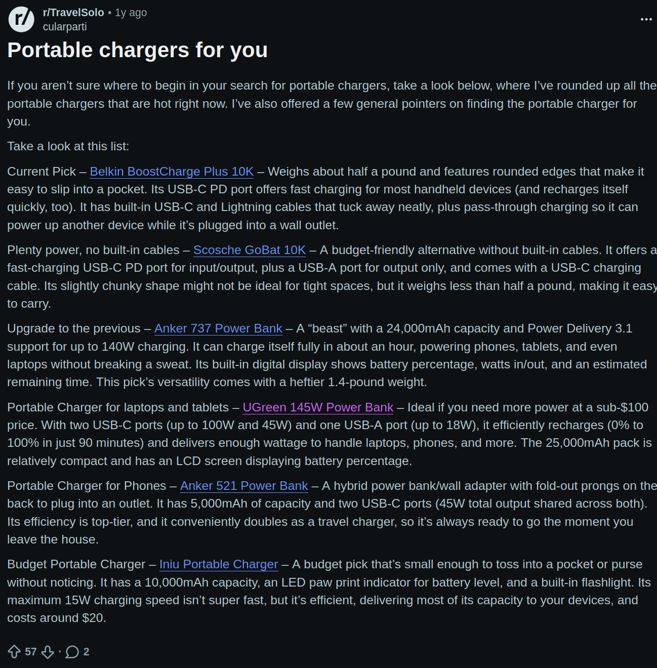 The above post that lanegarcia linked to, with links to 6 different kinds of portable chargers and details.