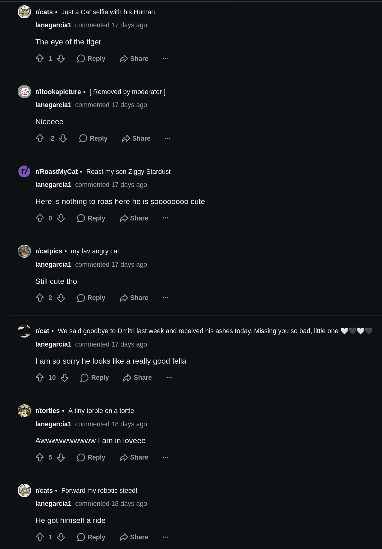 Several short comments on pet-related subreddits from lanegarcia1.